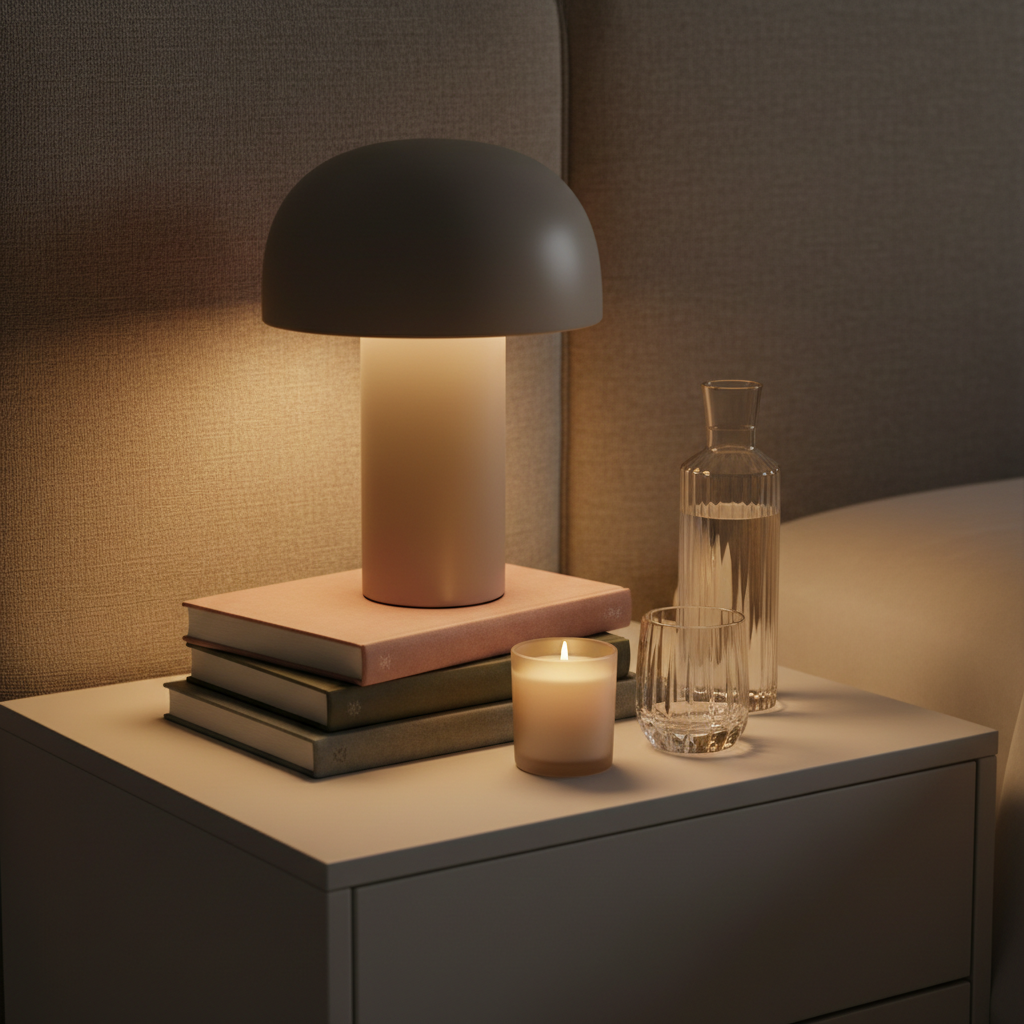 A meticulously styled bedside scene meant to symbolize late-night heart-to-heart talks, featuring a smooth, matte-ceramic bedside lamp in a soft taupe tone, casting a warm pool of light over a stack of thoughtfully worn hardback books in muted, complementary colors. A small, frosted-glass candle with a subtle flame glows beside a slender crystal carafe of water and a matching tumbler. The items rest on a pale, lacquered nightstand with clean lines. The background fades into a blurred upholstered headboard in textured oatmeal fabric. The overall lighting is low and intimate, dominated by the lamp’s warm illumination, creating gentle, elongated shadows. Photographic realism with a slightly elevated angle, the atmosphere is sophisticated, comforting, and safe for quiet reflection.