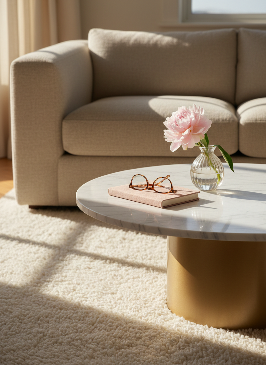 An inviting corner of a living space curated for thoughtful conversations, centered on a low, round marble coffee table with a subtle gray veining pattern and a matte brass base. On the table lies a closed, blush-colored notebook with a fabric cover, a pair of tortoiseshell reading glasses, and a single pale pink peony in a small, ribbed glass vase. The table stands on a plush, cream wool rug, with the suggestion of a structured sofa in soft focus behind it. Warm, diffused golden-hour light streams from the side, creating a cozy glow and refined shadows. Photographic realism, composed using the rule of thirds, the mood is intimate, stylish, and reassuringly mature.